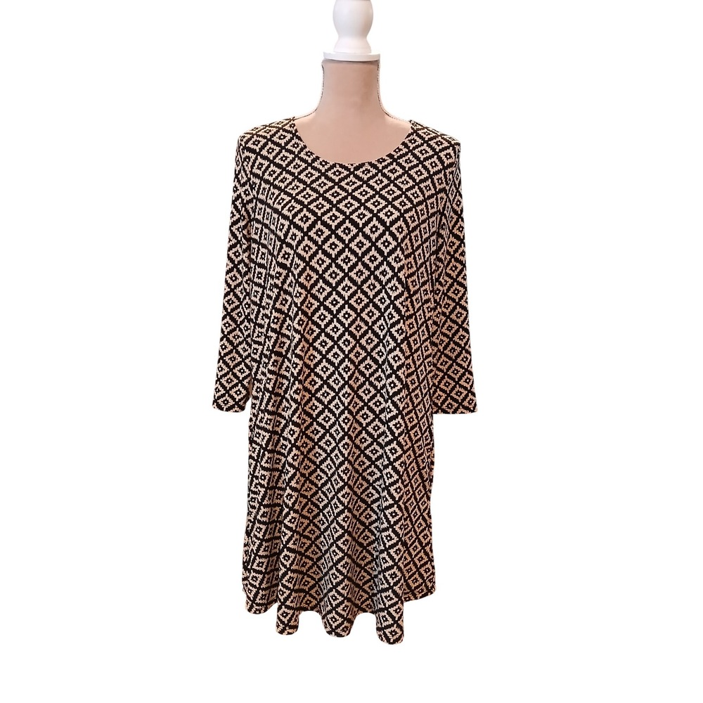 Mountain Mamas Geometric Ikat Diamond Print Shift Dress Black Cream LG/XL 2239